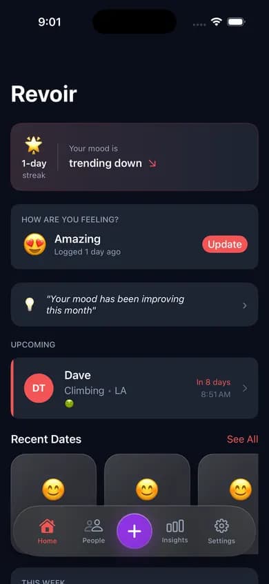 Revoir Dating Journal — home screen showing mood tracking and upcoming dates