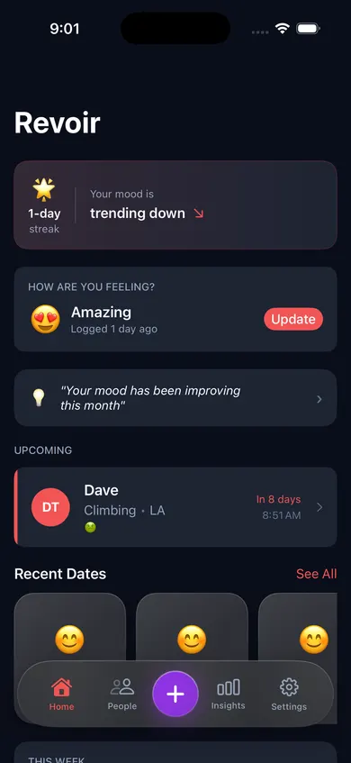 Revoir Dating Journal — home screen showing mood tracking and upcoming dates